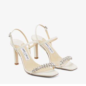 Jimmy Choo Meira 85 Latte Nappa Sandals with Crystal Embellishment